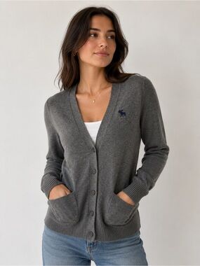Abercrombie Cardigan Womens Large Grey Cotton Cashmere Button Front Preppy